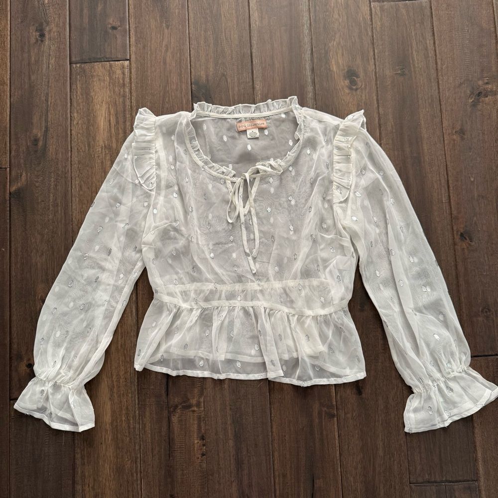 BOG Collective White Sheer Boho Ruffle Swiss Dot Top Jr. M